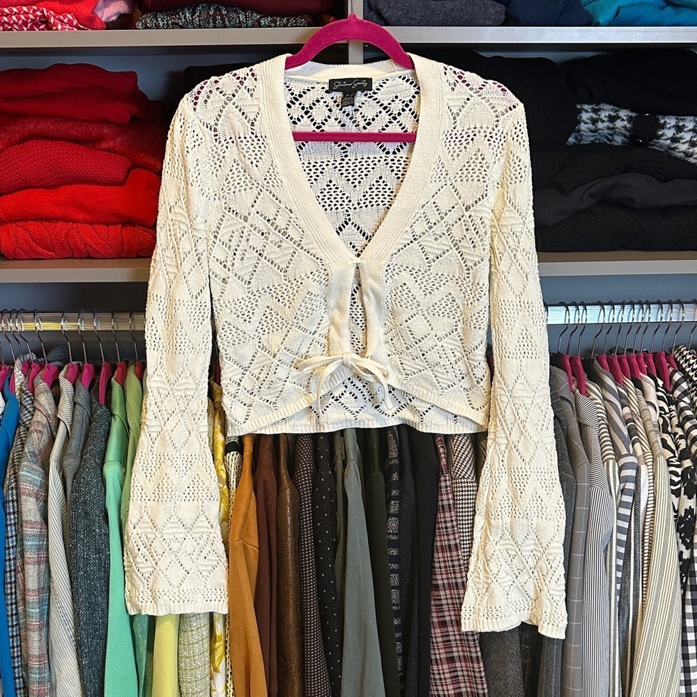 Streetwear Society cream long bell sleeve front tie open knit cardigan size M
